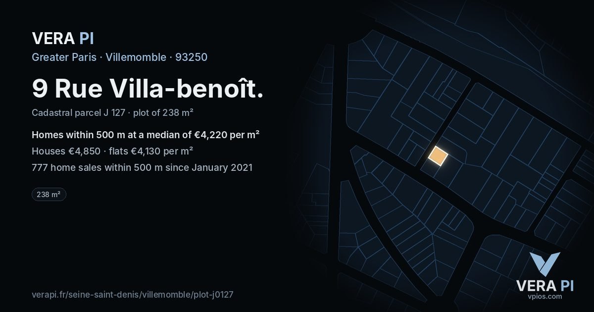 9 Rue Villa-benoît, Villemomble at night – the plot lit, the parcels around coloured by the prices near them