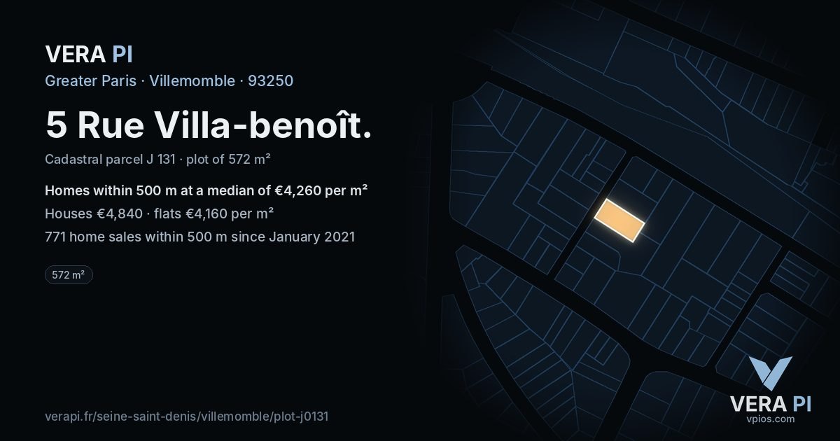 5 Rue Villa-benoît, Villemomble at night – the plot lit, the parcels around coloured by the prices near them