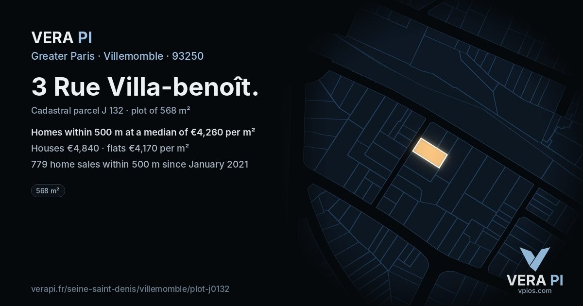 3 Rue Villa-benoît, Villemomble at night – the plot lit, the parcels around coloured by the prices near them