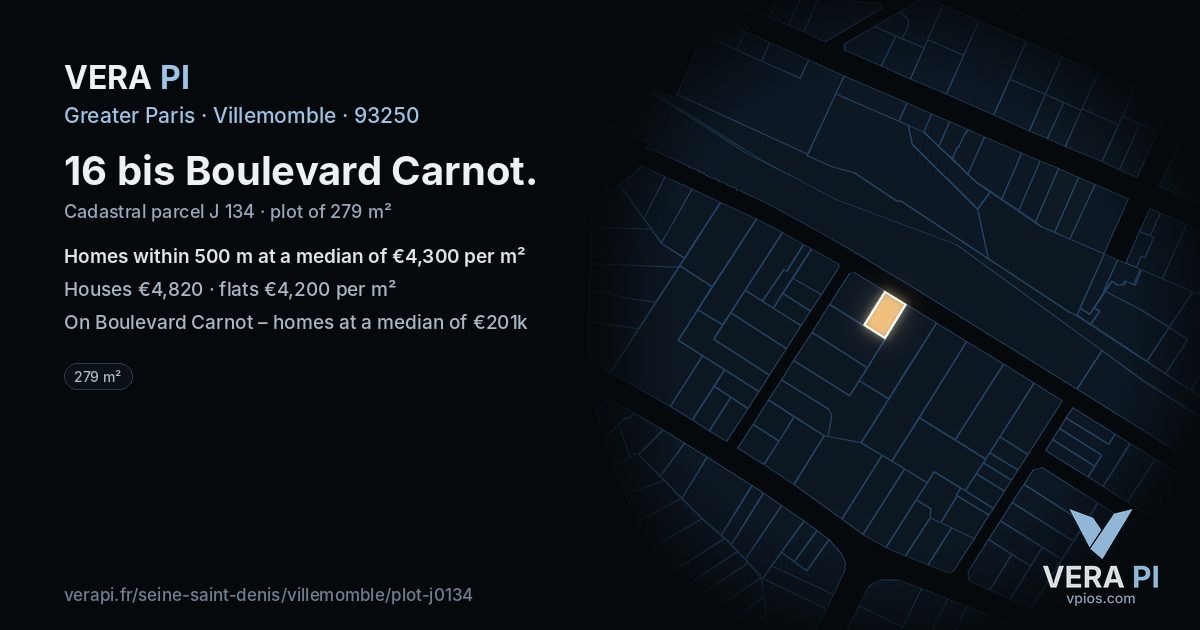 16 bis Boulevard Carnot, Villemomble at night – the plot lit, the parcels around coloured by the prices near them
