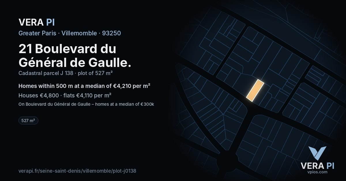 21 Boulevard du Général de Gaulle, Villemomble at night – the plot lit, the parcels around coloured by the prices near them