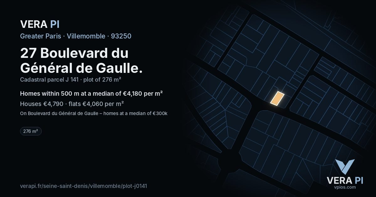 27 Boulevard du Général de Gaulle, Villemomble at night – the plot lit, the parcels around coloured by the prices near them