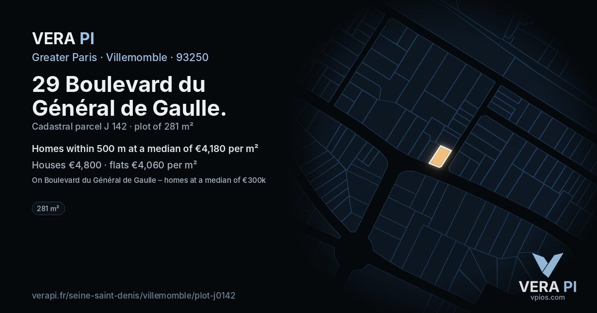 29 Boulevard du Général de Gaulle, Villemomble at night – the plot lit, the parcels around coloured by the prices near them