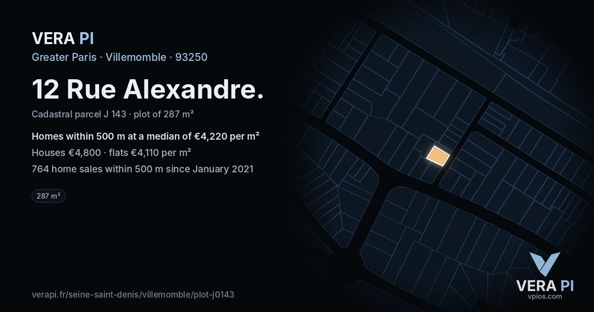 12 Rue Alexandre, Villemomble at night – the plot lit, the parcels around coloured by the prices near them
