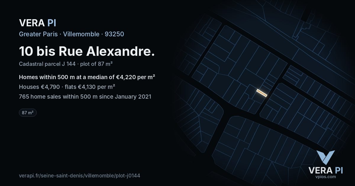 10 bis Rue Alexandre, Villemomble at night – the plot lit, the parcels around coloured by the prices near them