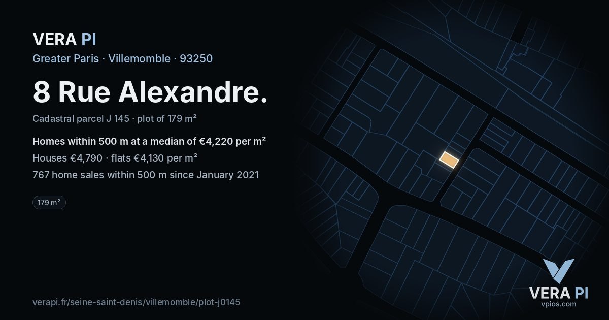 8 Rue Alexandre, Villemomble at night – the plot lit, the parcels around coloured by the prices near them