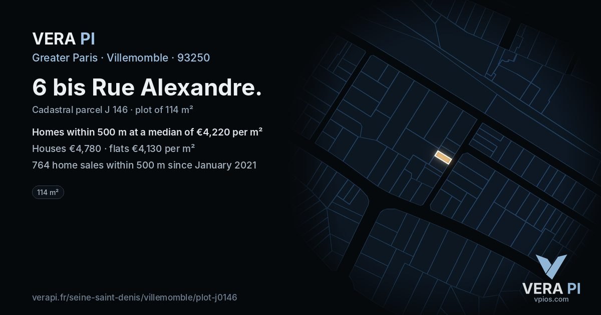 6 bis Rue Alexandre, Villemomble at night – the plot lit, the parcels around coloured by the prices near them