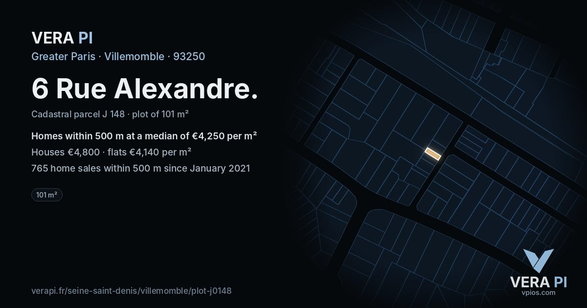 6 Rue Alexandre, Villemomble at night – the plot lit, the parcels around coloured by the prices near them