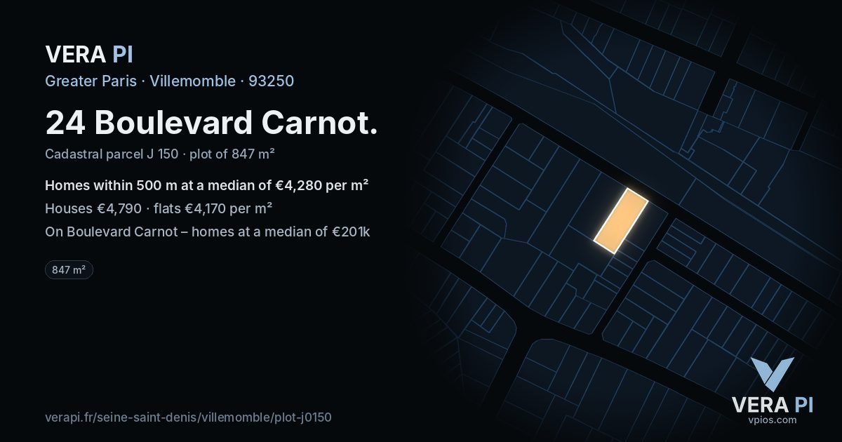 24 Boulevard Carnot, Villemomble at night – the plot lit, the parcels around coloured by the prices near them