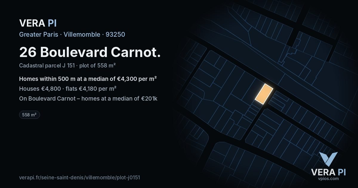 26 Boulevard Carnot, Villemomble at night – the plot lit, the parcels around coloured by the prices near them