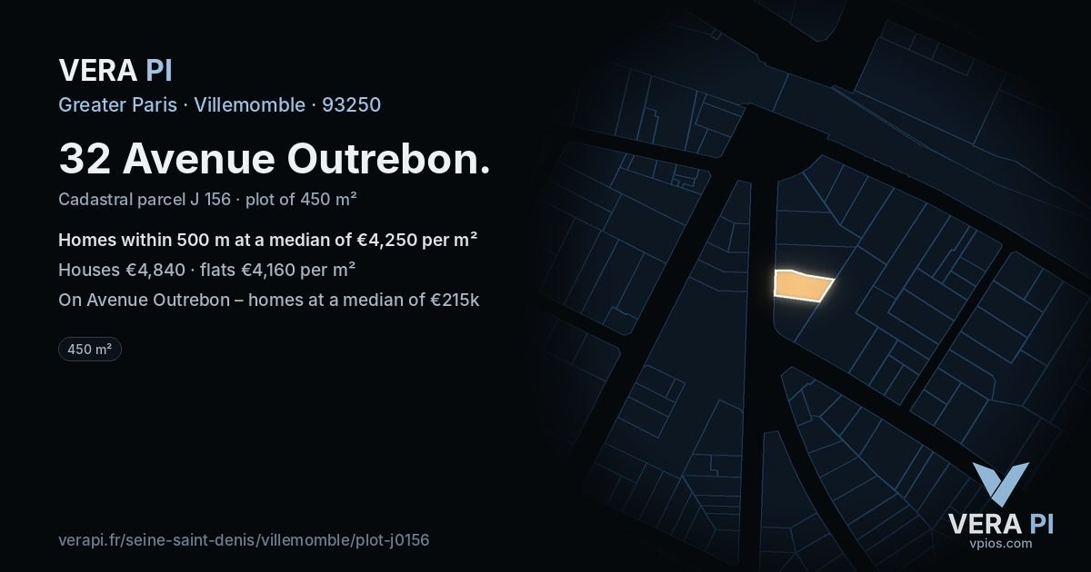 32 Avenue Outrebon, Villemomble at night – the plot lit, the parcels around coloured by the prices near them