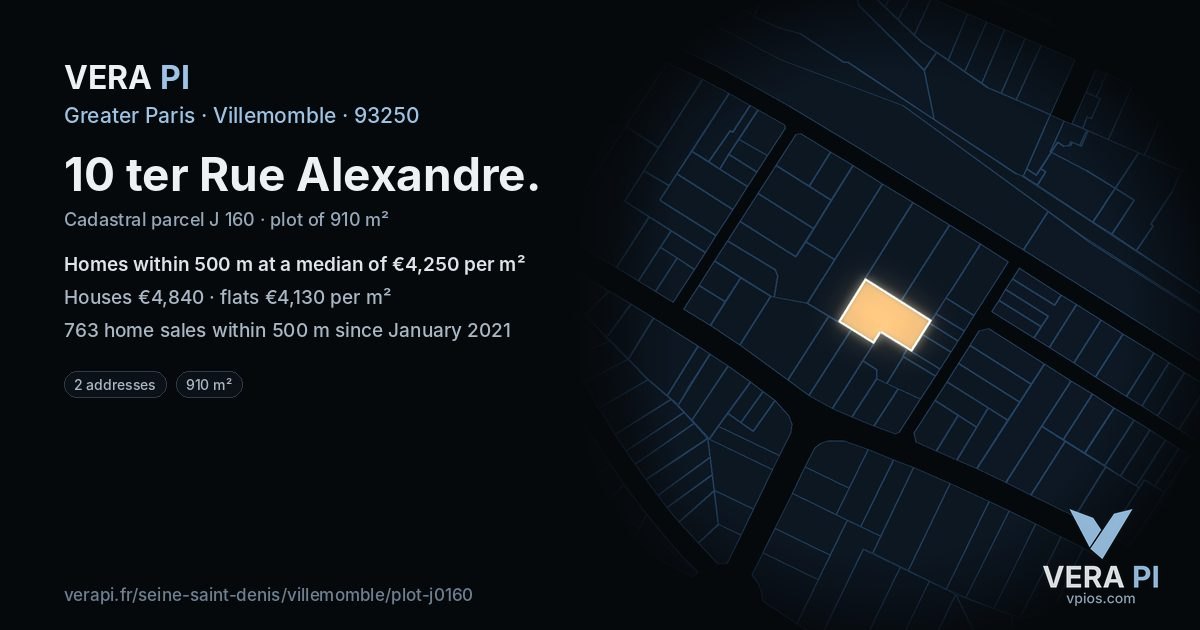 10 ter Rue Alexandre, Villemomble at night – the plot lit, the parcels around coloured by the prices near them