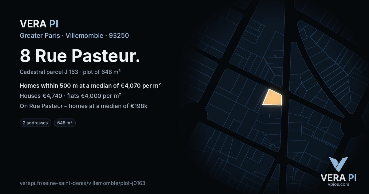 8 Rue Pasteur, Villemomble at night – the plot lit, the parcels around coloured by the prices near them