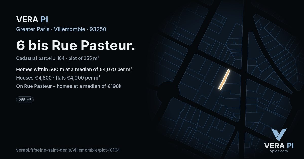 6 bis Rue Pasteur, Villemomble at night – the plot lit, the parcels around coloured by the prices near them