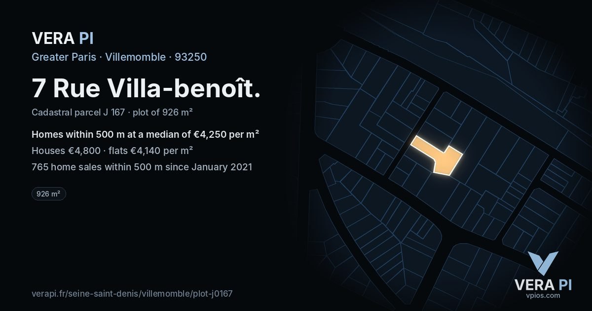 7 Rue Villa-benoît, Villemomble at night – the plot lit, the parcels around coloured by the prices near them