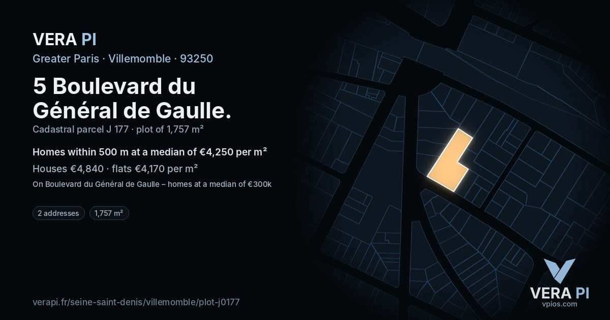 5 Boulevard du Général de Gaulle, Villemomble at night – the plot lit, the parcels around coloured by the prices near them