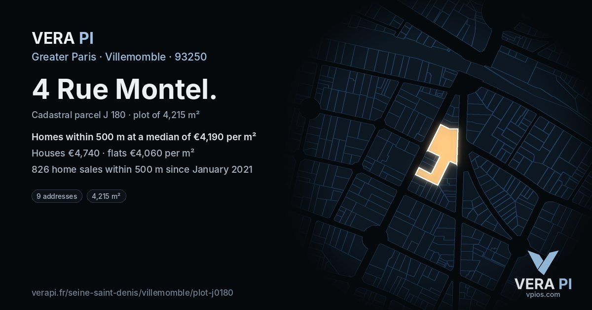 4 Rue Montel, Villemomble at night – the plot lit, the parcels around coloured by the prices near them