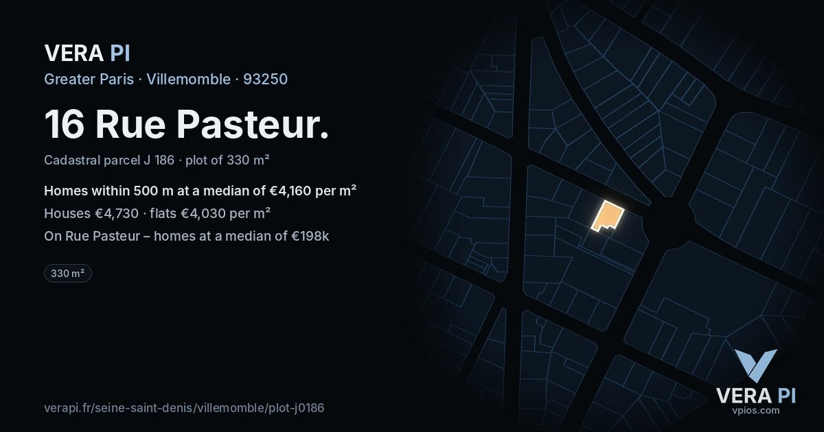 16 Rue Pasteur, Villemomble at night – the plot lit, the parcels around coloured by the prices near them