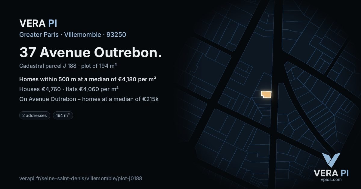37 Avenue Outrebon, Villemomble at night – the plot lit, the parcels around coloured by the prices near them