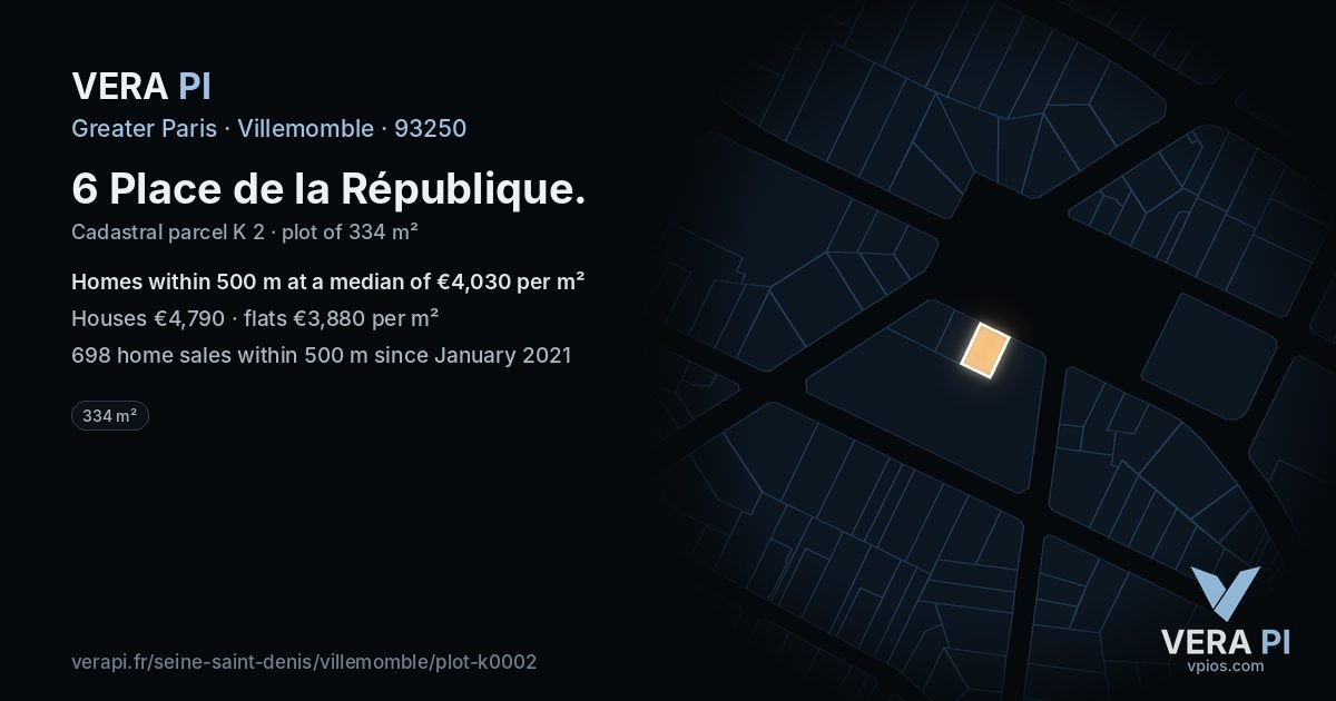 6 Place de la République, Villemomble at night – the plot lit, the parcels around coloured by the prices near them