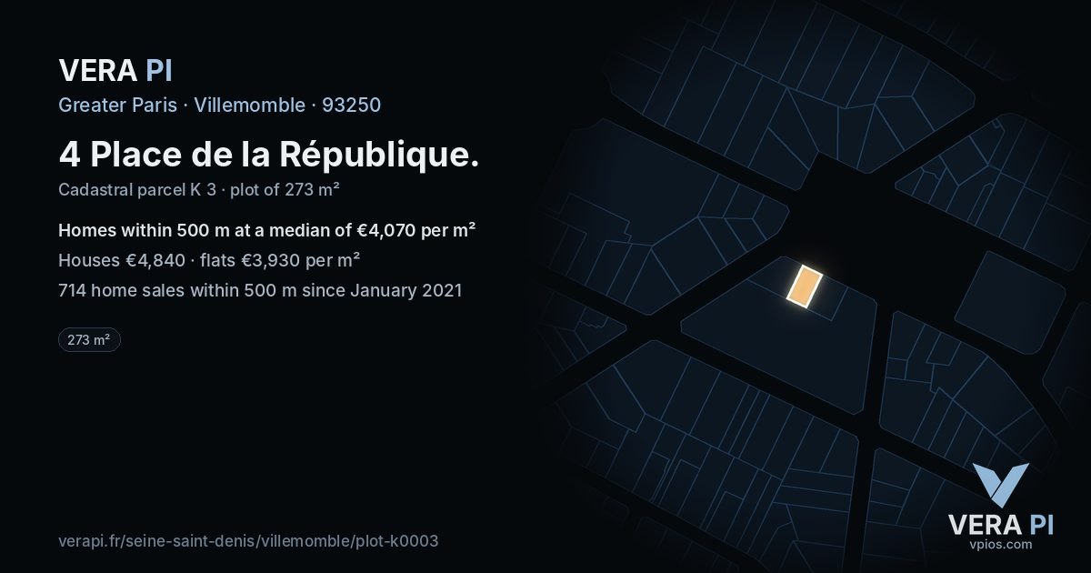 4 Place de la République, Villemomble at night – the plot lit, the parcels around coloured by the prices near them