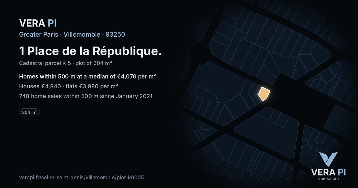 1 Place de la République, Villemomble at night – the plot lit, the parcels around coloured by the prices near them