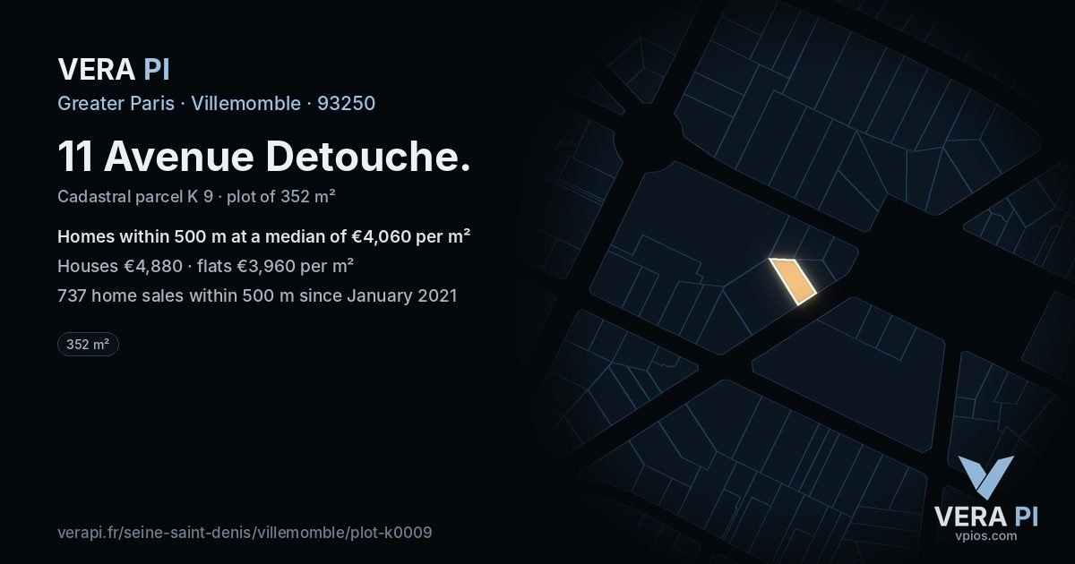 11 Avenue Detouche, Villemomble at night – the plot lit, the parcels around coloured by the prices near them