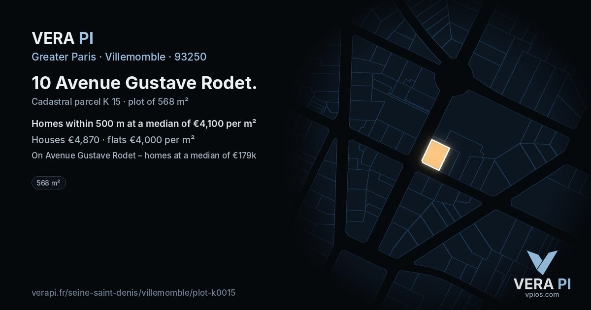 10 Avenue Gustave Rodet, Villemomble at night – the plot lit, the parcels around coloured by the prices near them