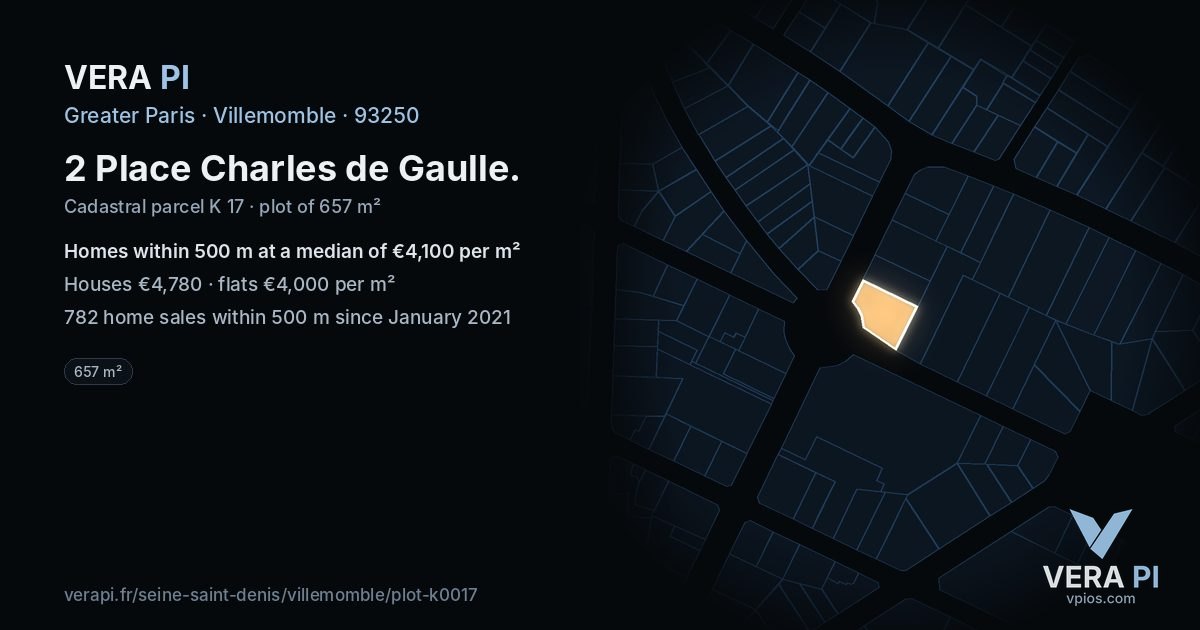 2 Place Charles de Gaulle, Villemomble at night – the plot lit, the parcels around coloured by the prices near them