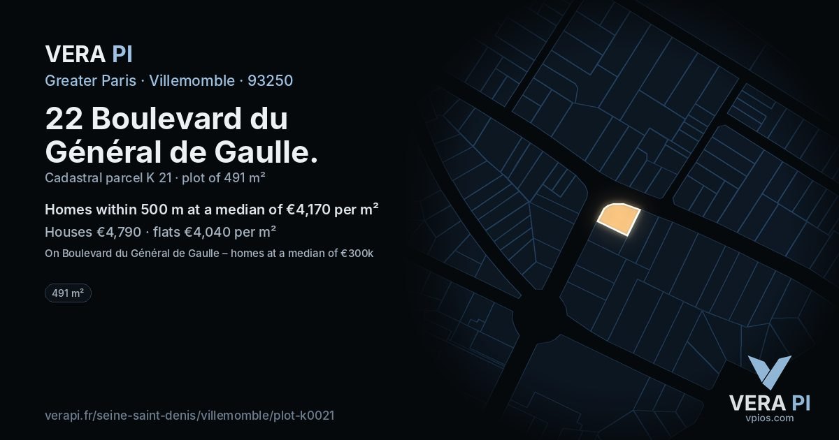 22 Boulevard du Général de Gaulle, Villemomble at night – the plot lit, the parcels around coloured by the prices near them