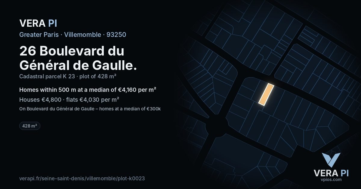 26 Boulevard du Général de Gaulle, Villemomble at night – the plot lit, the parcels around coloured by the prices near them