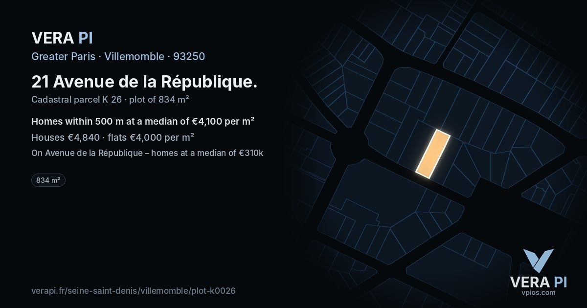 21 Avenue de la République, Villemomble at night – the plot lit, the parcels around coloured by the prices near them