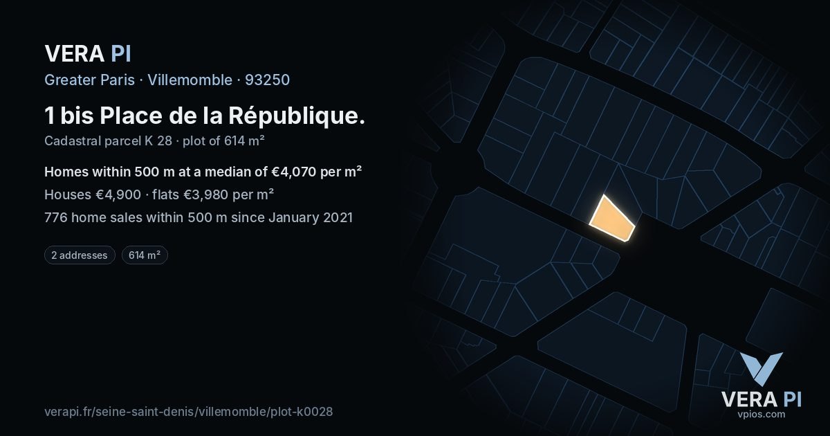 1 bis Place de la République, Villemomble at night – the plot lit, the parcels around coloured by the prices near them