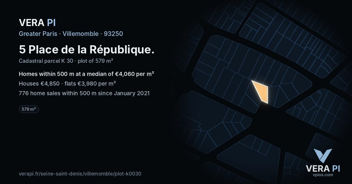 5 Place de la République, Villemomble at night – the plot lit, the parcels around coloured by the prices near them