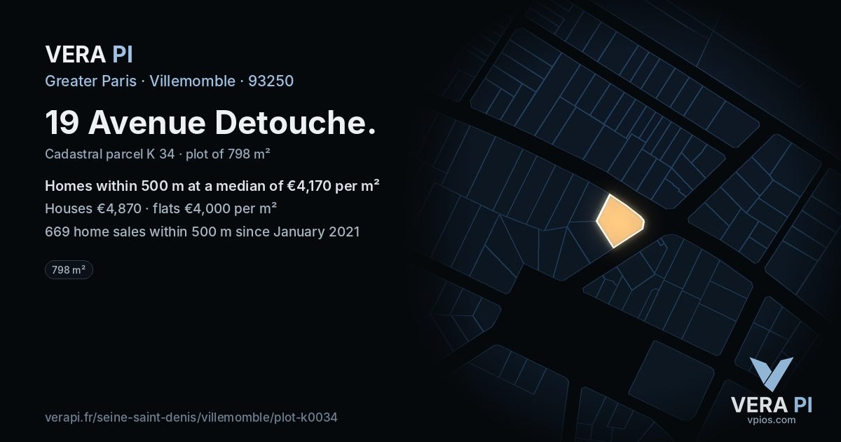 19 Avenue Detouche, Villemomble at night – the plot lit, the parcels around coloured by the prices near them