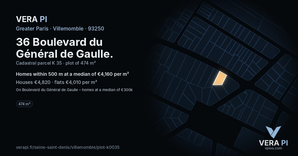 36 Boulevard du Général de Gaulle, Villemomble at night – the plot lit, the parcels around coloured by the prices near them