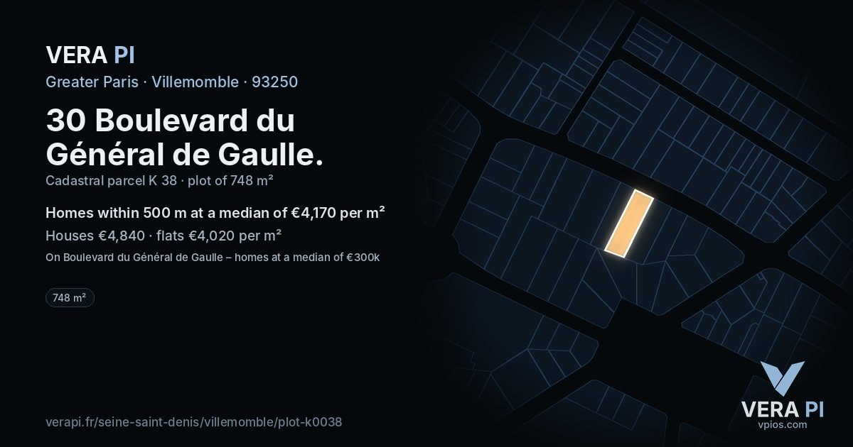 30 Boulevard du Général de Gaulle, Villemomble at night – the plot lit, the parcels around coloured by the prices near them
