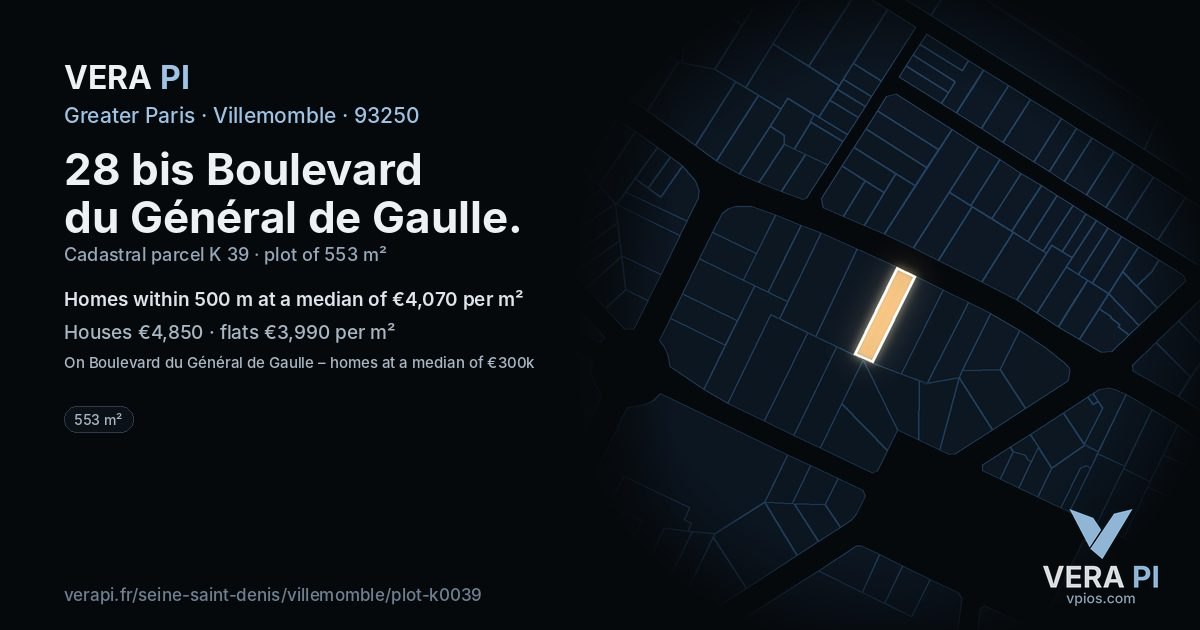 28 bis Boulevard du Général de Gaulle, Villemomble at night – the plot lit, the parcels around coloured by the prices near them