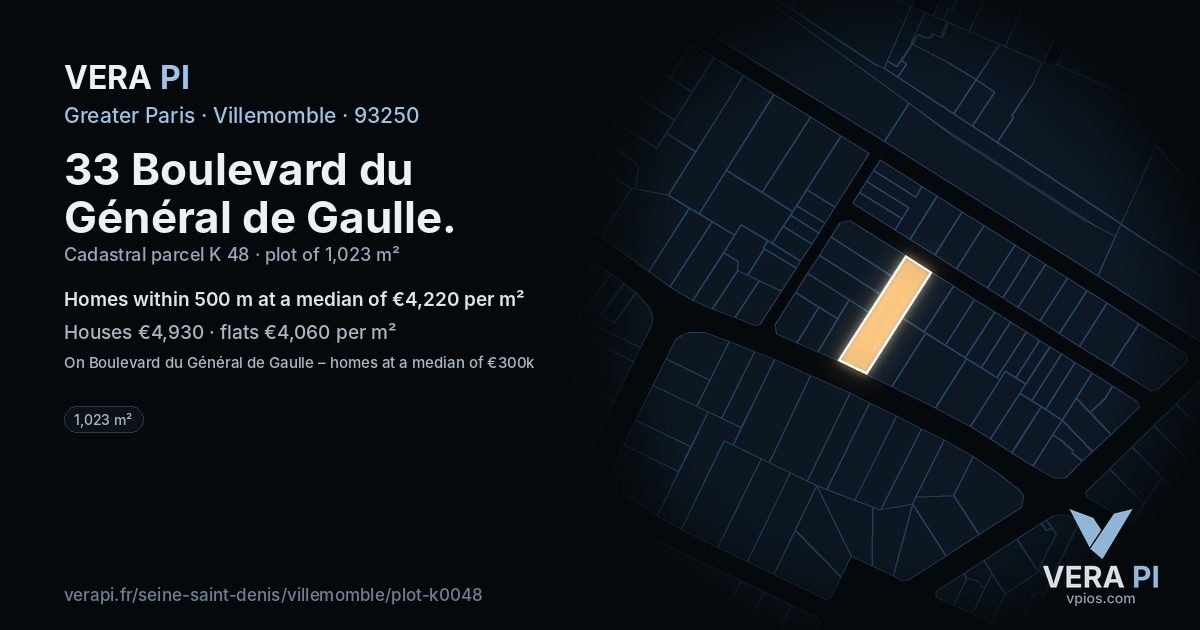 33 Boulevard du Général de Gaulle, Villemomble at night – the plot lit, the parcels around coloured by the prices near them