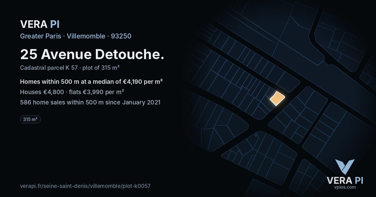 25 Avenue Detouche, Villemomble at night – the plot lit, the parcels around coloured by the prices near them