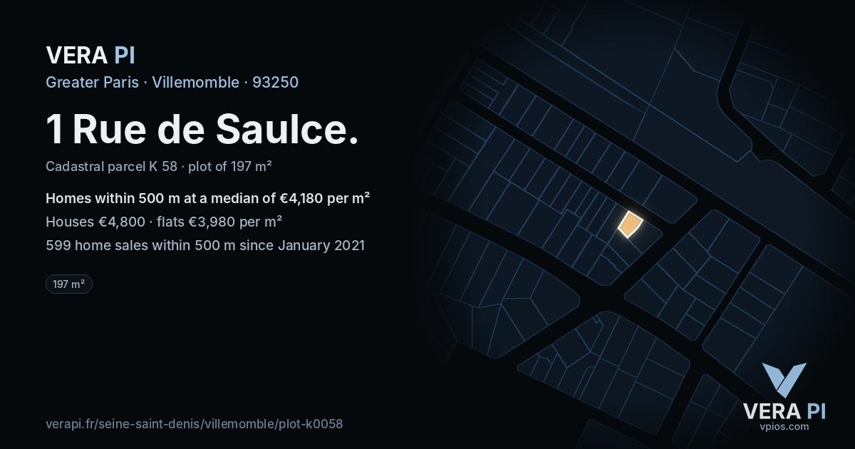 1 Rue de Saulce, Villemomble at night – the plot lit, the parcels around coloured by the prices near them