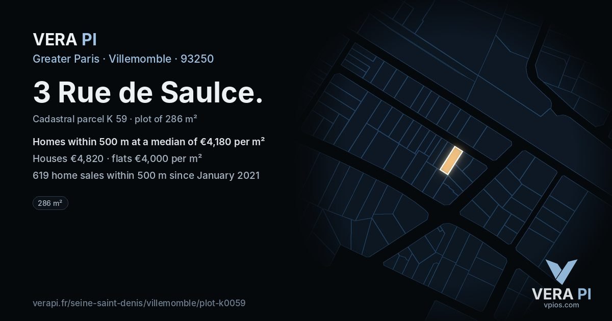 3 Rue de Saulce, Villemomble at night – the plot lit, the parcels around coloured by the prices near them