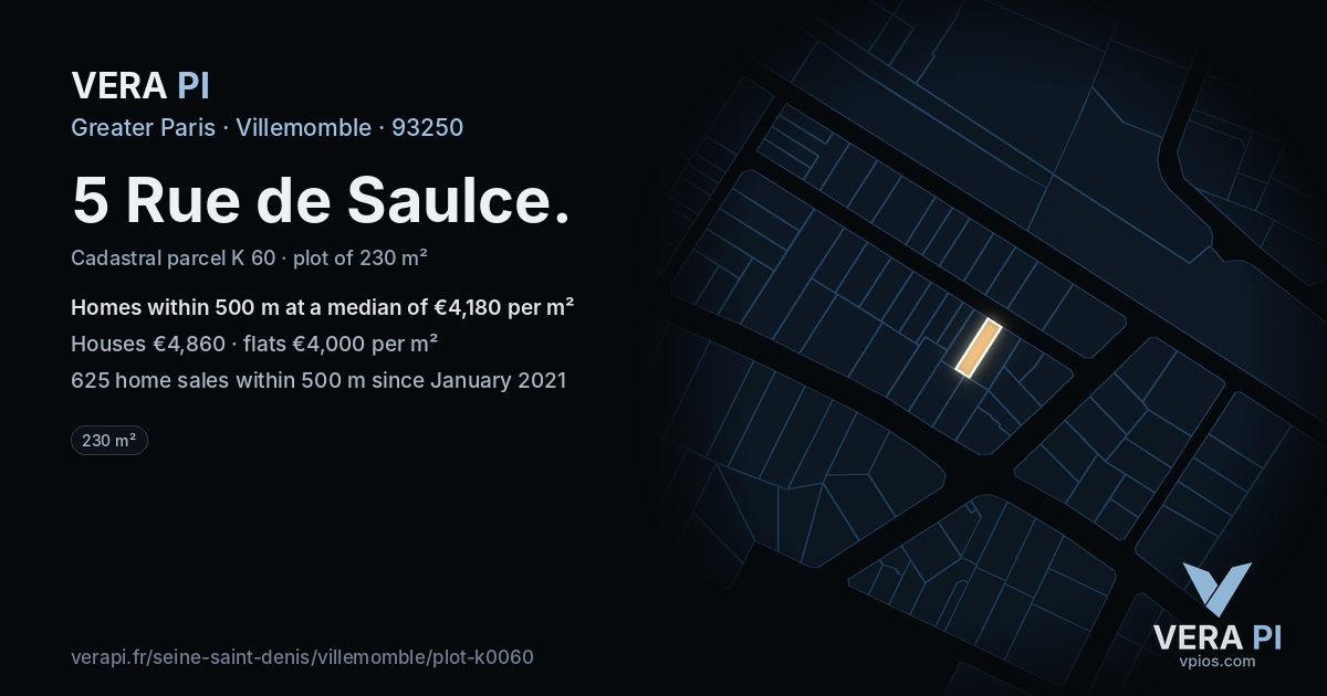 5 Rue de Saulce, Villemomble at night – the plot lit, the parcels around coloured by the prices near them