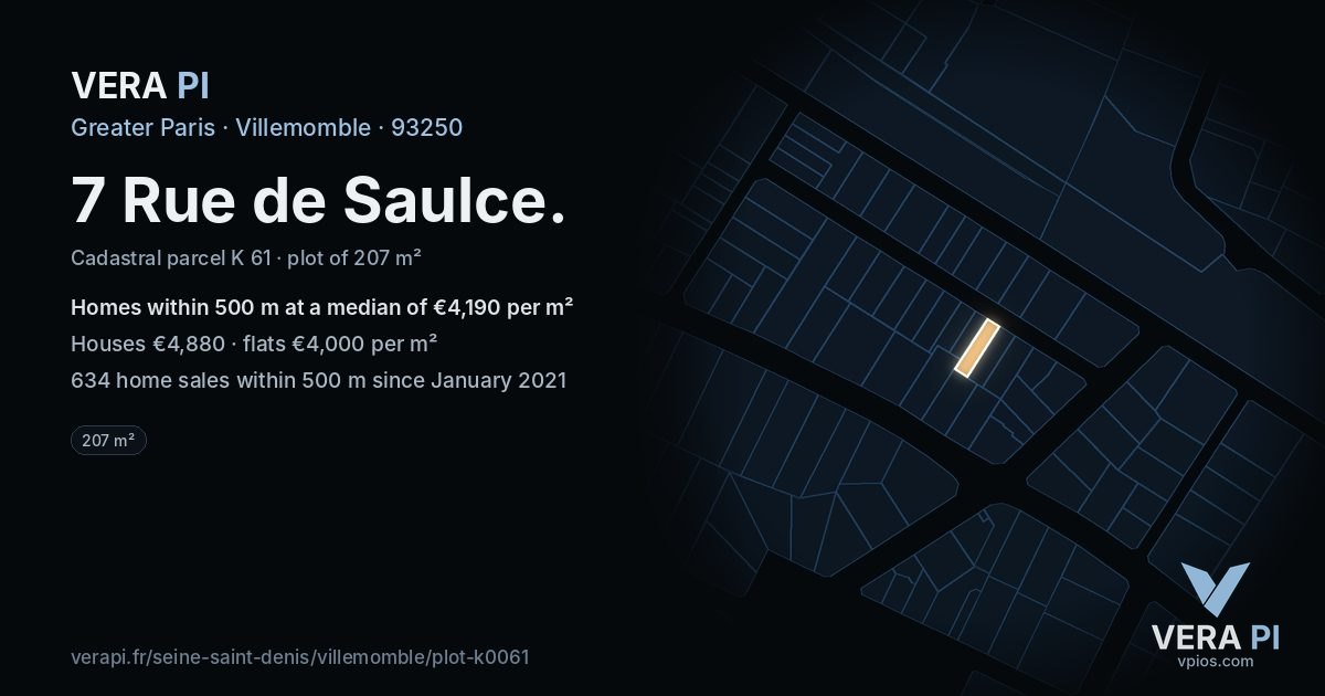 7 Rue de Saulce, Villemomble at night – the plot lit, the parcels around coloured by the prices near them