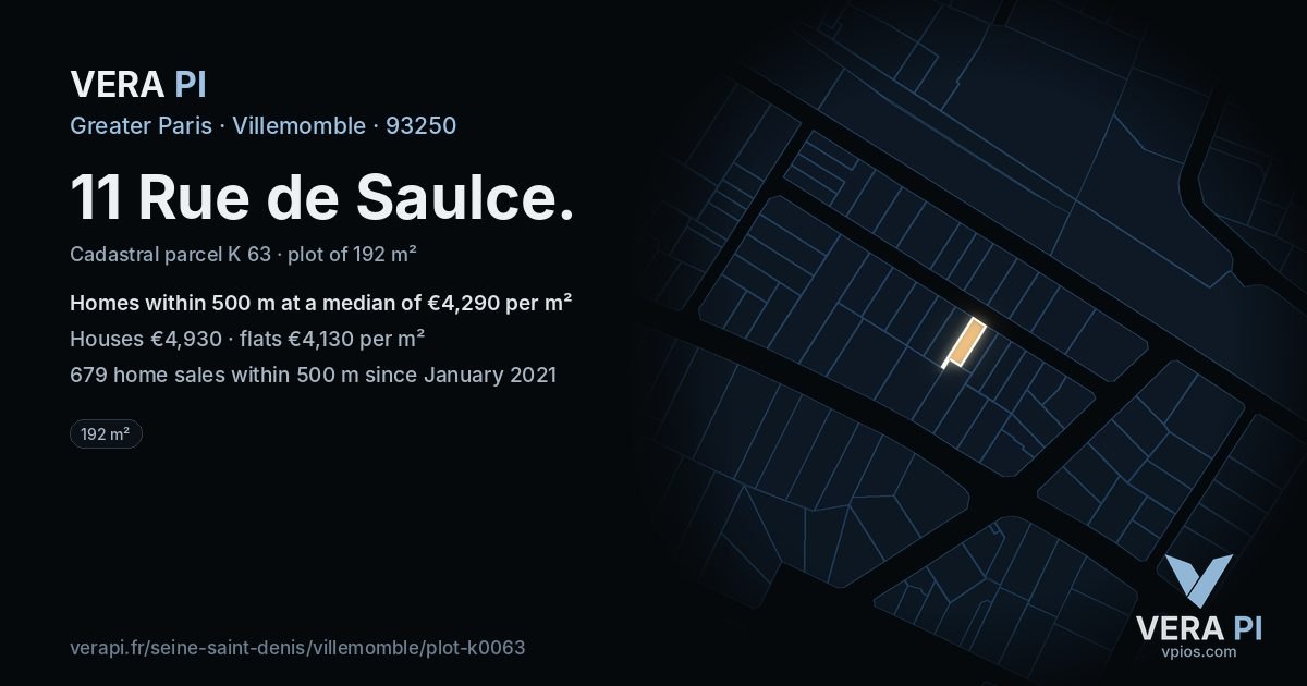 11 Rue de Saulce, Villemomble at night – the plot lit, the parcels around coloured by the prices near them
