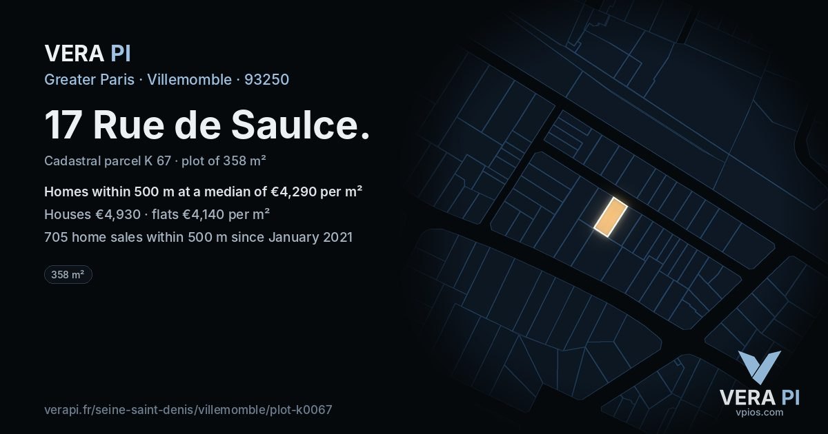 17 Rue de Saulce, Villemomble at night – the plot lit, the parcels around coloured by the prices near them