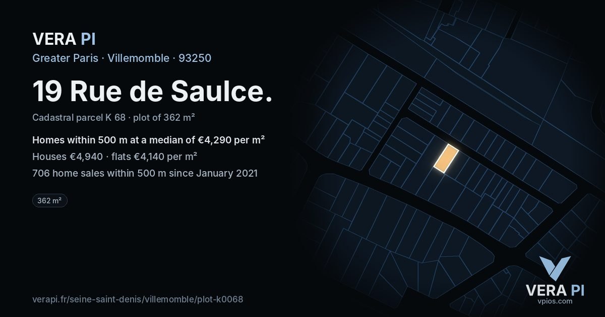 19 Rue de Saulce, Villemomble at night – the plot lit, the parcels around coloured by the prices near them