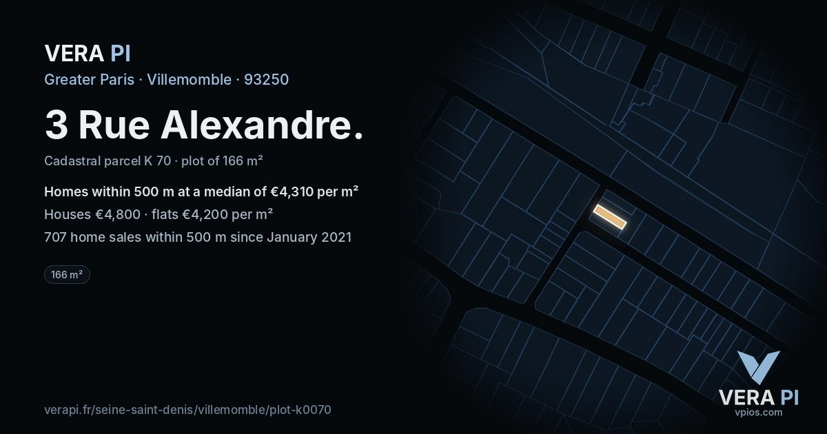 3 Rue Alexandre, Villemomble at night – the plot lit, the parcels around coloured by the prices near them