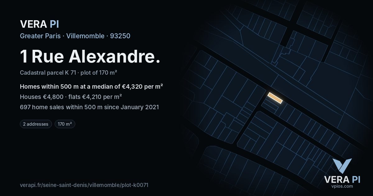 1 Rue Alexandre, Villemomble at night – the plot lit, the parcels around coloured by the prices near them