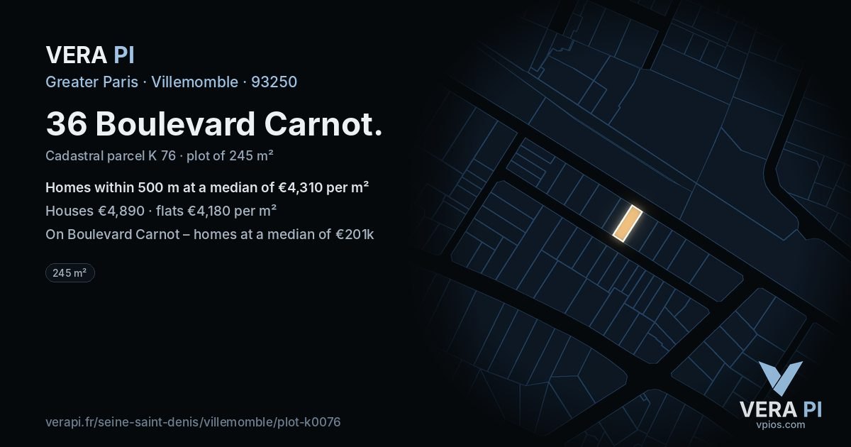 36 Boulevard Carnot, Villemomble at night – the plot lit, the parcels around coloured by the prices near them